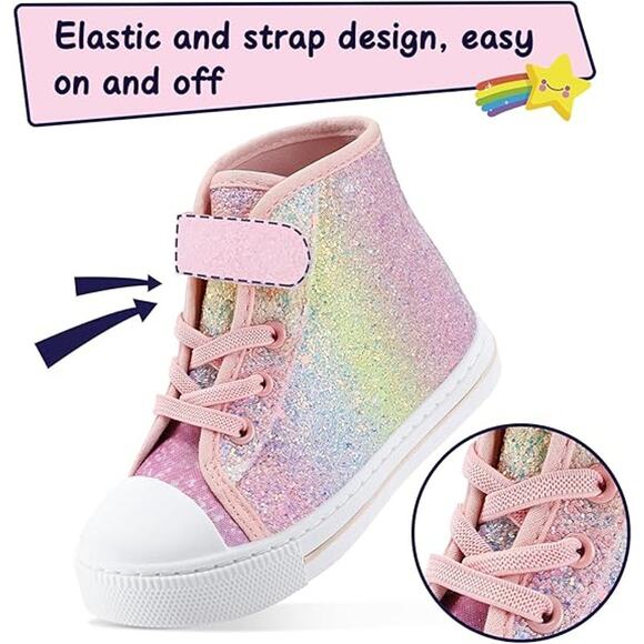 New KomForme Toddler Girl Size 8 Rainbow Glitter Hook Loop Canvas High Top Shoes - Picture 4 of 5